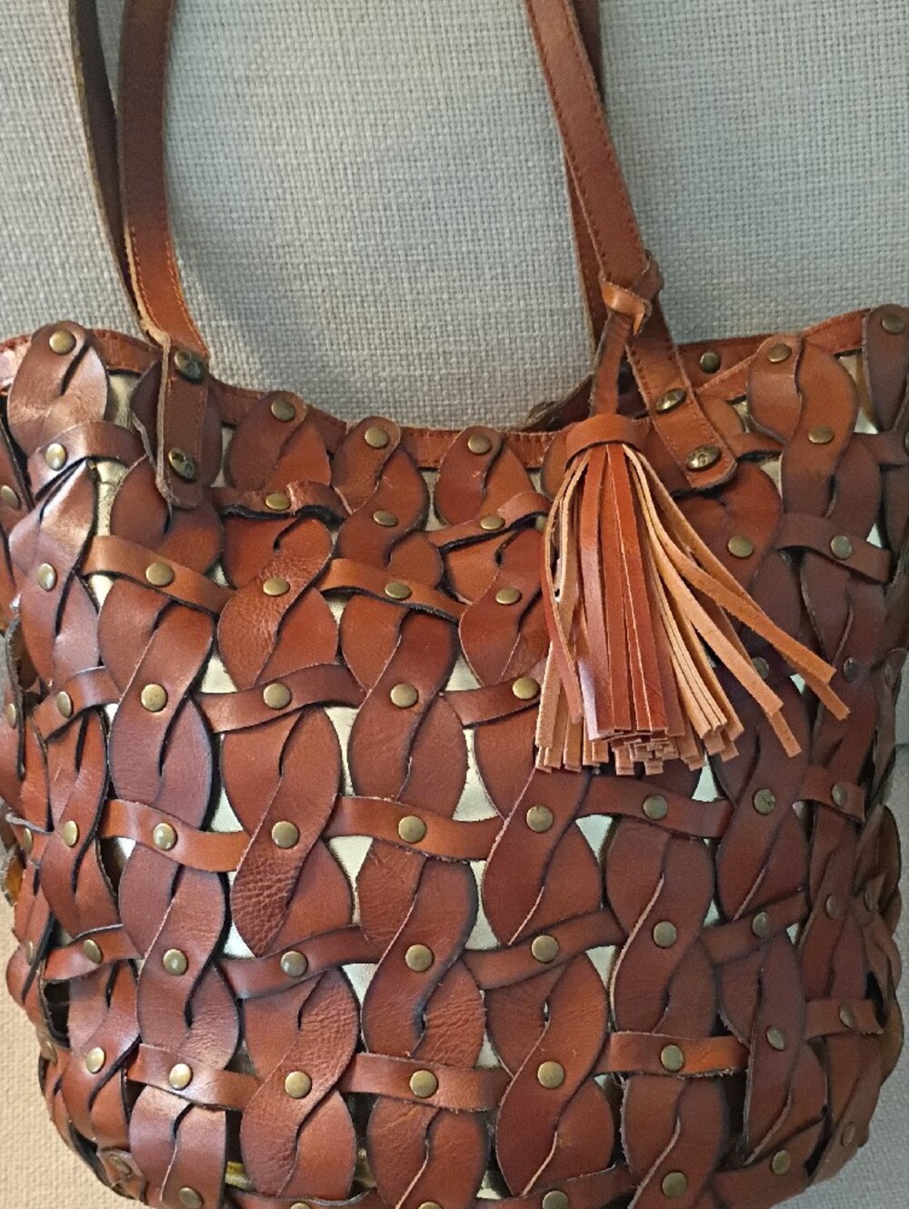 Patricia Nash Twisted Braid Mizzana Toast Brown Italian Leather Tassel Tote - Picture 13 of 15
